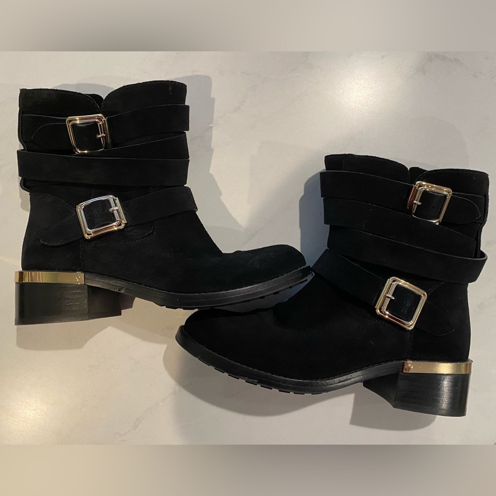 Vince Camuto Webey Black Suede Gold Buckles Straps Block Heel Boots 6.5M